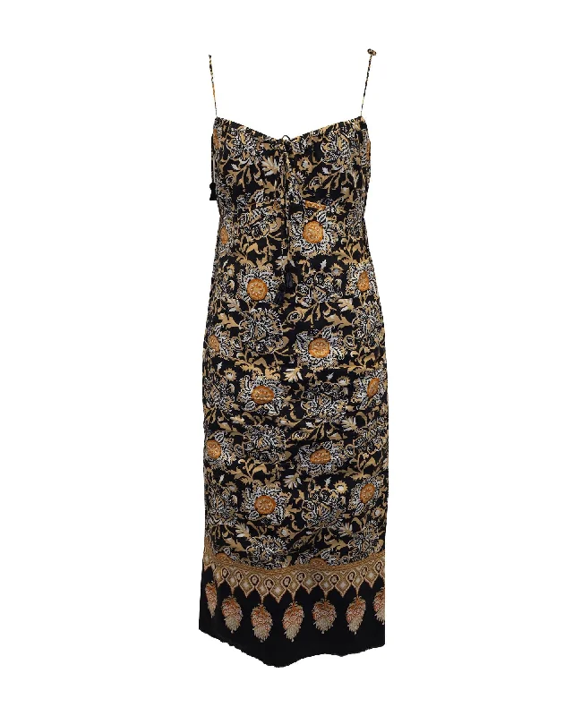 Floral Print Cotton Midi Dress with Beading and Tassel Detail Fashionable Sheer Sleeve Midi Dress Floral Print Cotton Midi Dress with Beading and Tassel Detail Fashionable Sheer Sleeve Midi Dress