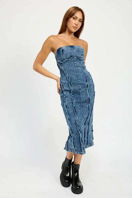 TUBE FRAYED SEAM MIDI DRESS Elegant Floral Appliqué Midi Dress