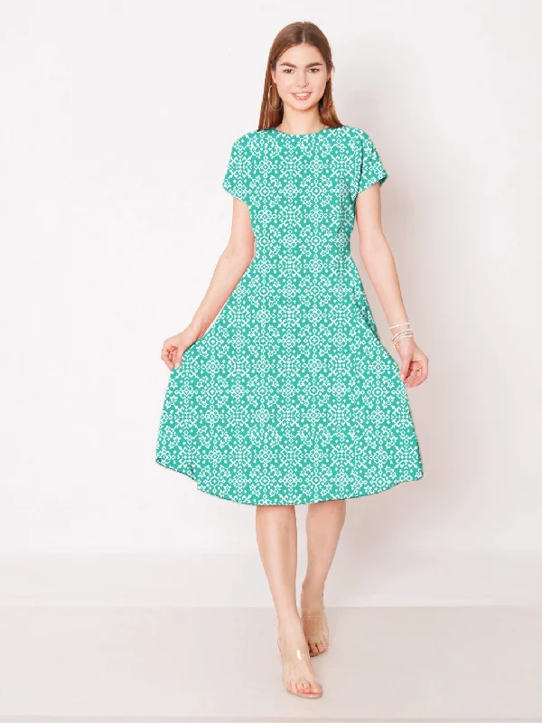 Turquoise Geometric Printed A-Line Midi Dress Fashionable Fitted Midi Dress