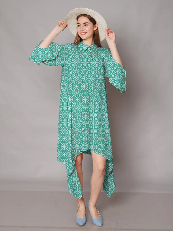 Turquoise Geometric Printed High-Low Midi Dress Fashionable One-Shoulder Midi Dress