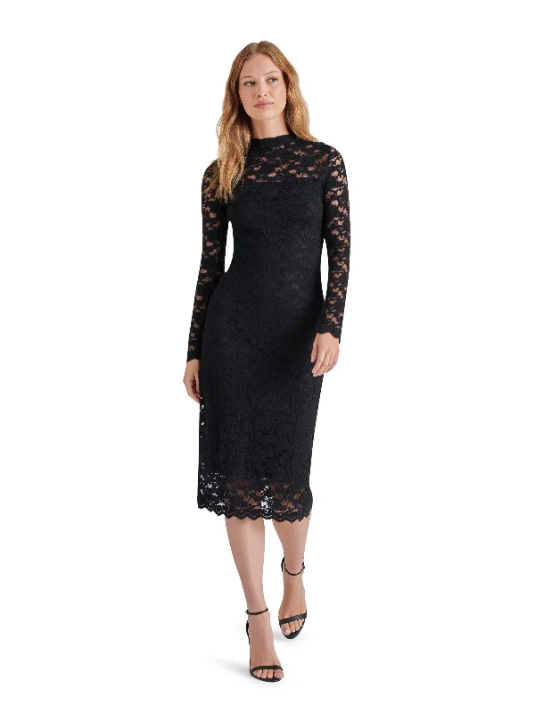 Vivienne Lace Midi Dress, Black | Steve Madden Stylish Off-Shoulder Ruffle Dress