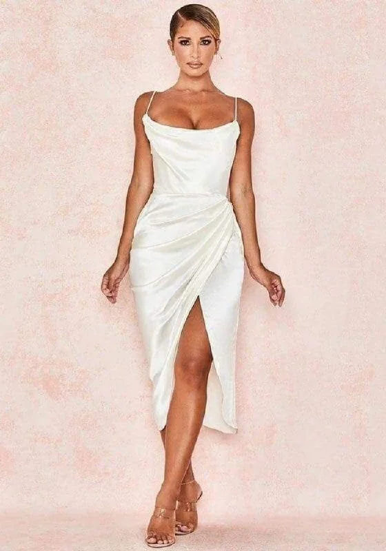 White Satin Midi Dress Comfortable Ribbed Midi Dress
