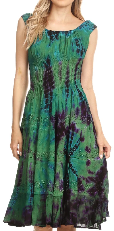 Sakkas Alba Women's Off The Shoulder Smock Ruffle Midi Dress Tie Dye & Embroidery Stylish Color Block Midi Dress Sakkas Alba Women's Off The Shoulder Smock Ruffle Midi Dress Tie Dye & Embroidery Stylish Color Block Midi Dress