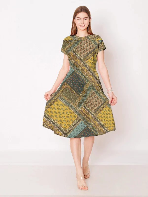 Yellow & Blue Bohemian Printed A-Line Midi Dress Elegant Pleated Sleeve Midi Dress
