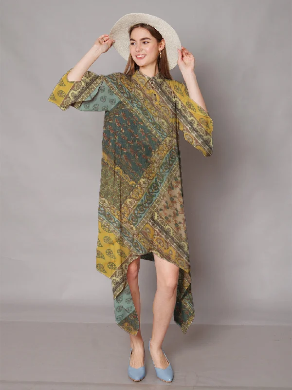 Yellow & Blue Bohemian Printed High-Low Midi Dress Elegant Maxi-Midi Hybrid Dress