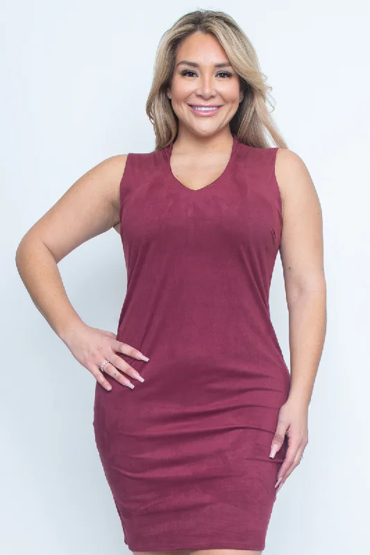 Plus Size Suede Sleeveless V Neck Midi Dress with Hidden Zip Back (Z9635) Stylish Vintage Midi Dress Plus Size Suede Sleeveless V Neck Midi Dress with Hidden Zip Back (Z9635) Stylish Vintage Midi Dress