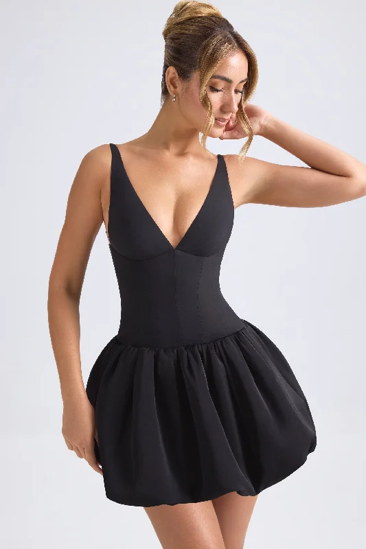 Lace-Up Bubble Hem Corset Micro Mini Dress in Black Classic Floral Print Mini Dress