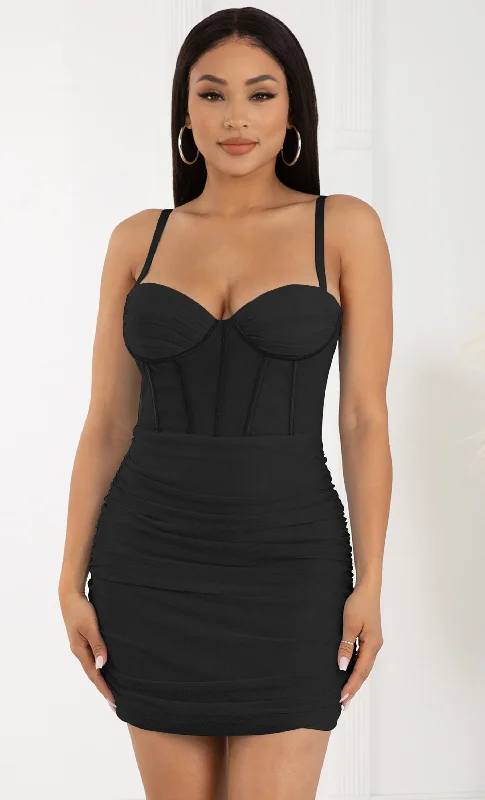 Around The Town Black Spaghetti Strap Sleeveless Bustier Mesh Ruched Bodycon Mini Dress Trendy Wraparound Mini Dress Around The Town Black Spaghetti Strap Sleeveless Bustier Mesh Ruched Bodycon Mini Dress Trendy Wraparound Mini Dress