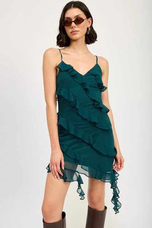 Asymmetrical Ruffle Mini Dress Comfortable Linen Mini Dress