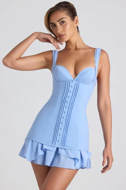 Ruffle-Trim Button-Detail Corset Mini Dress in Sky Blue Fashionable Denim Mini Dress