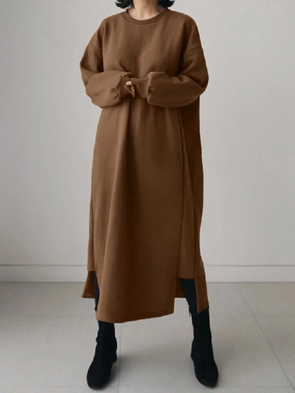 Casual Round Neck Long Sleeve Splited Thick Pure Color Sweatshirt Women Midi Dress Hoodie with Emblem Brand Identity