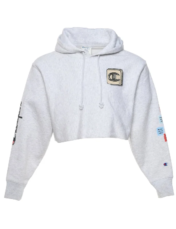 Champion Reverse Weave Cropped & Printed Hoodie - S Hoodie with Drawstring Waist Adjustable Fitted