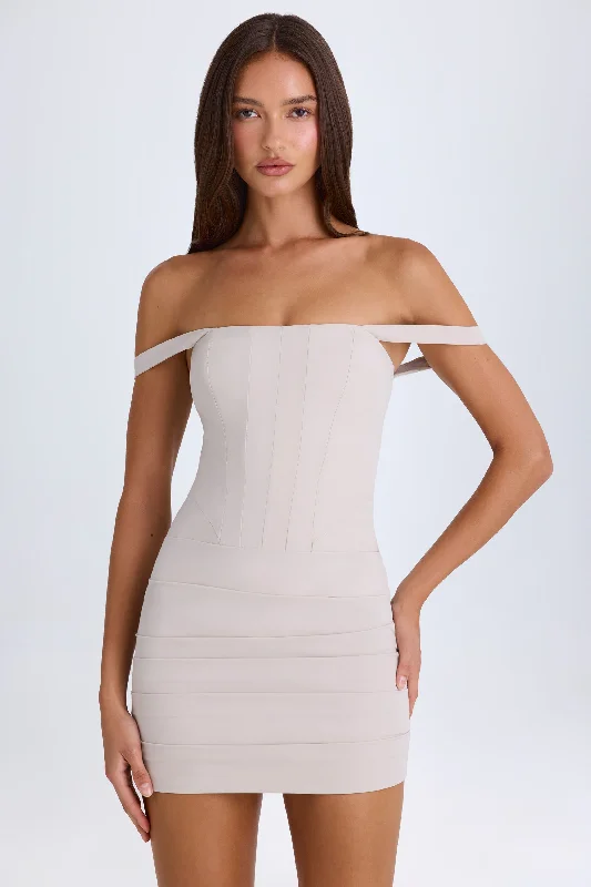 Off-Shoulder Corset Mini Dress in Taupe Cozy Ribbed Mini Dress