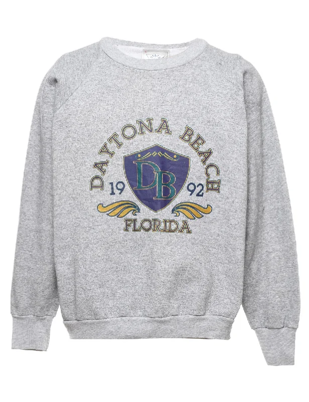 Daytona Beach Printed Light Grey Sweatshirt - L Hoodie with Raglan Sleeves Sporty Comfortable