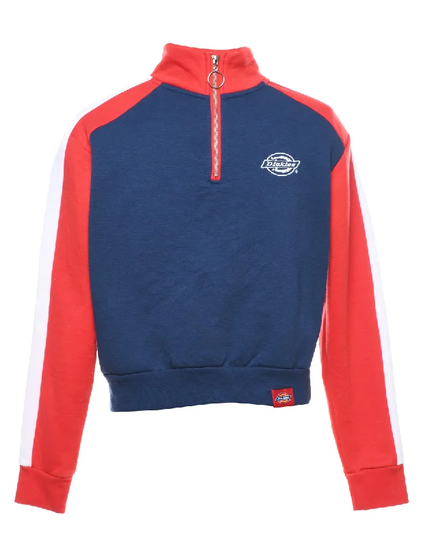 Dickies Navy & Red Quarter-Zip Sweatshirt - M Hoodie with Hood Adjustable Protection