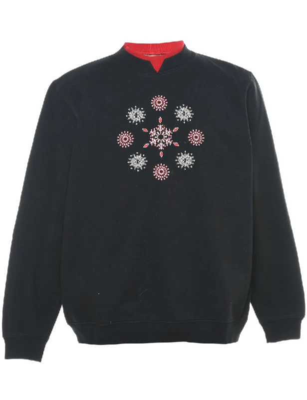 Embroidered Christmas Sweatshirt - M Hoodie with Side Slits Relaxed Casual