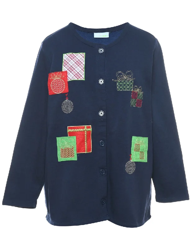 Embroidered Christmas Sweatshirt - M Hoodie with Tied Waist Feminine Flattering