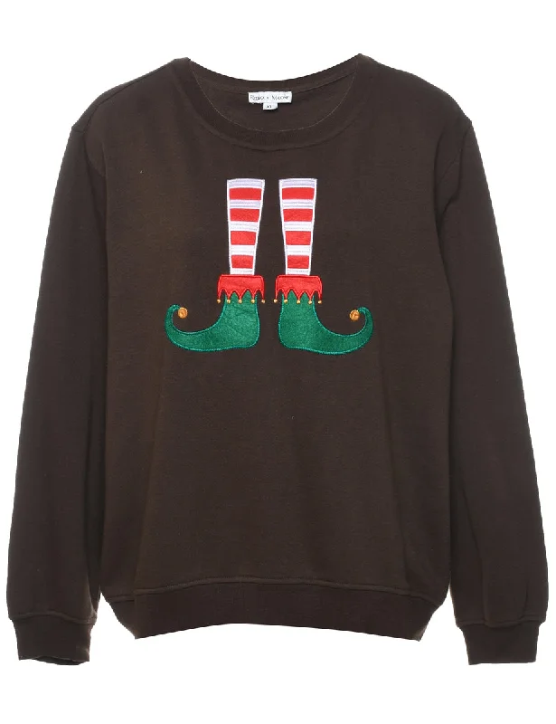 Embroidered Christmas Sweatshirt - XL Hoodie with Hem Contrast Bold Stylish
