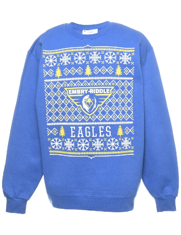 Embry–Riddle Eagles Christmas Sweatshirt - L Hoodie with Thumb Holes Functional Cozy