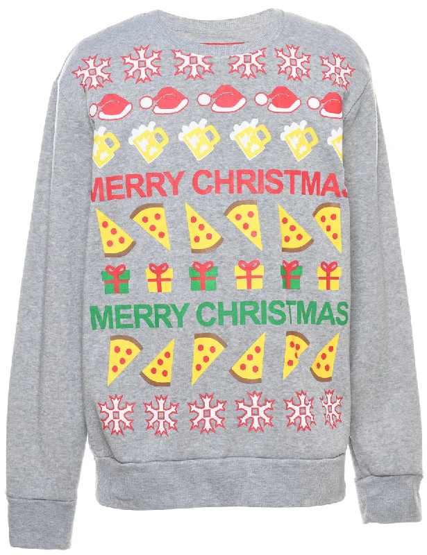 Festive Gifts Christmas Sweatshirt - M Hoodie with Raw Hem Edgy Unfinished