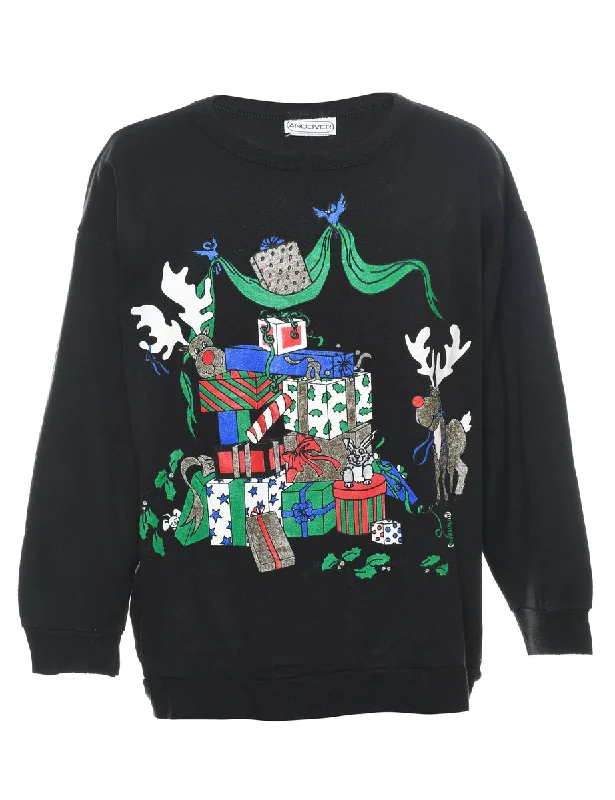 Festive Print Christmas Sweatshirt - L Hoodie with Hem Embroidery Detailed Premium