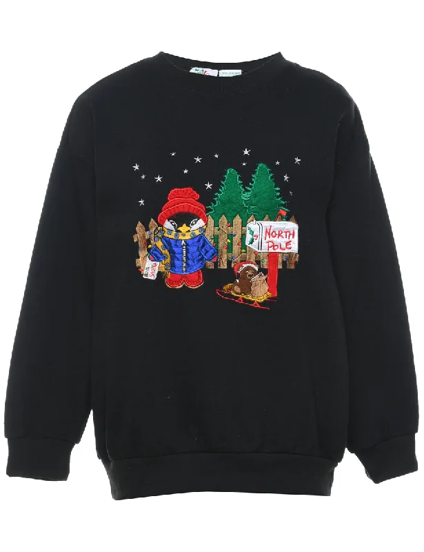 Festive Print Christmas Sweatshirt - L Hoodie with Hem Contrast Bold Stylish