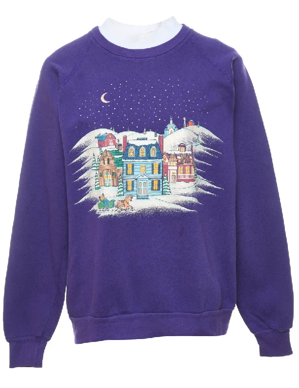Festive Print Christmas Sweatshirt - M Hoodie with Thumb Holes Functional Cozy