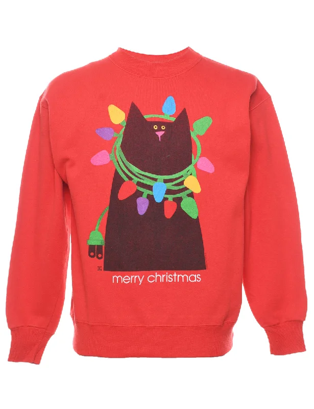 Festive Print Christmas Sweatshirt - M Hoodie with Drawcord Adjustable Secure