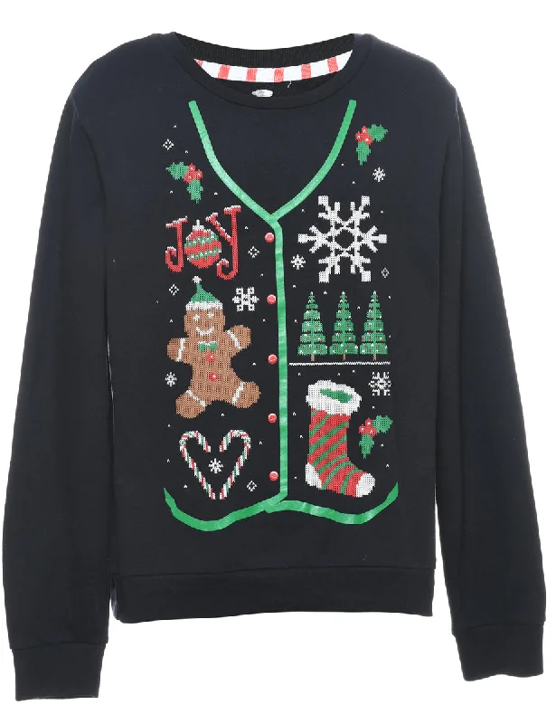 Festive Print Christmas Sweatshirt - M Hoodie with Strings Custom Fit Adjustable