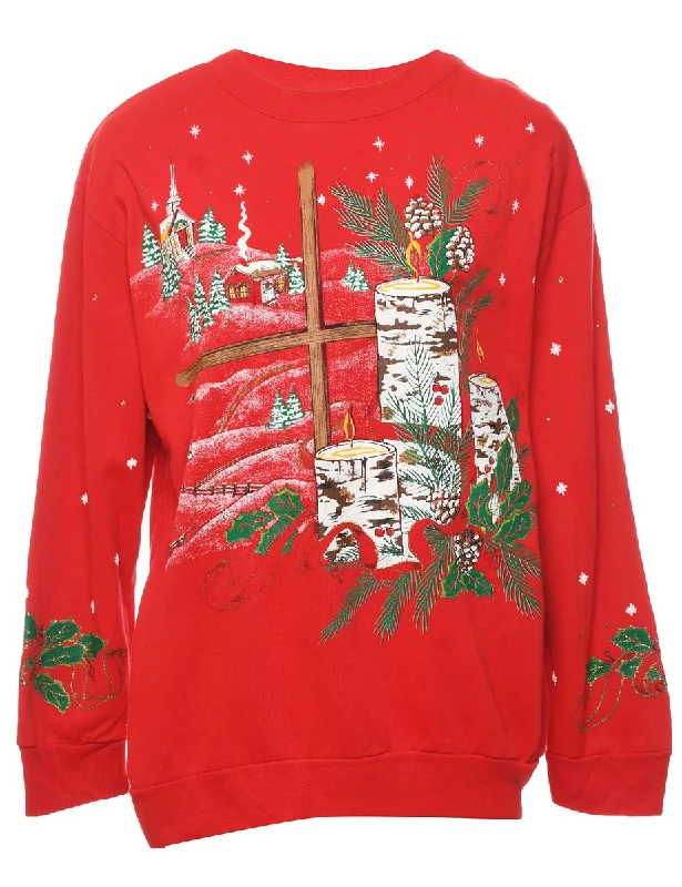 Festive Print Christmas Sweatshirt - M Hoodie with Patch Decorative Personalized