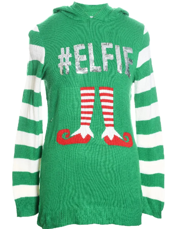 Festive Print Hooded Christmas Jumper - L Hoodie with Reflective Safety Nightwear