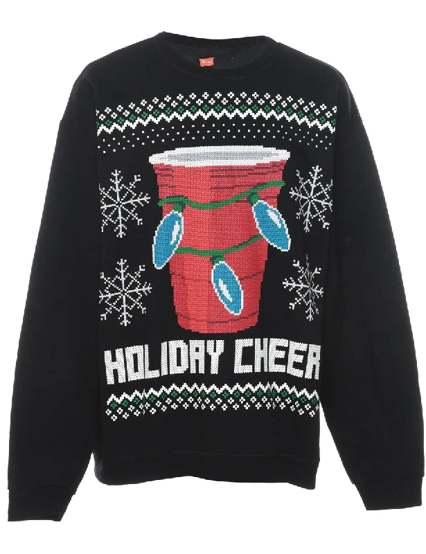 Festive Season Black Printed Christmas Sweatshirt - L Hoodie with Set-In Sleeves Structured Classic