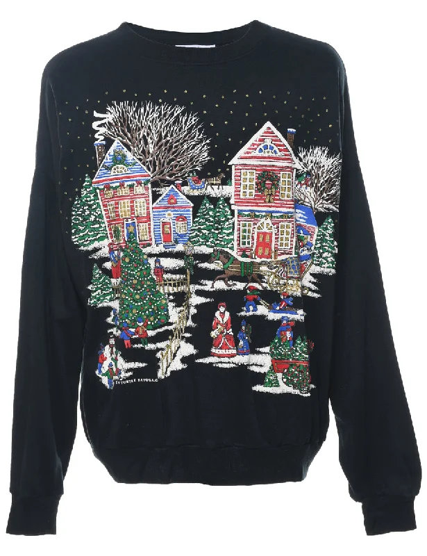Festive Season Design Black Christmas Sweatshirt - XL Hoodie with Hem Embroidery Detailed Premium