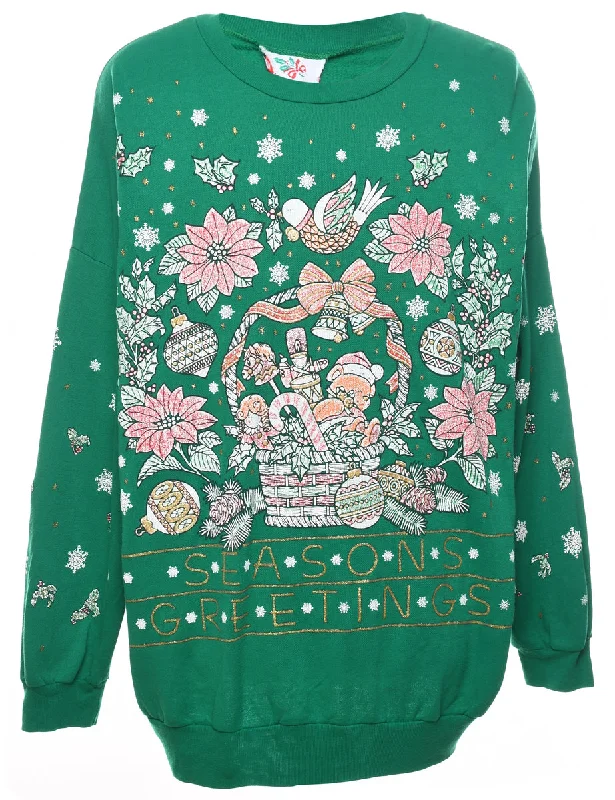 Festive Season Green Printed Christmas Sweatshirt - L Hoodie with Strings Custom Fit Adjustable