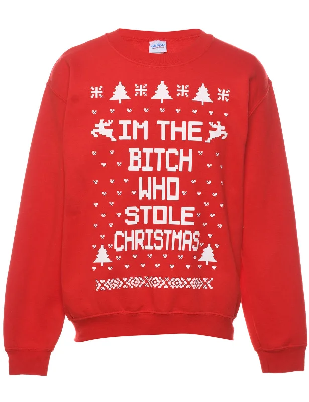 Festive Season Red & White Printed Christmas Sweatshirt - S Hoodie with Thumb Holes Functional Cozy