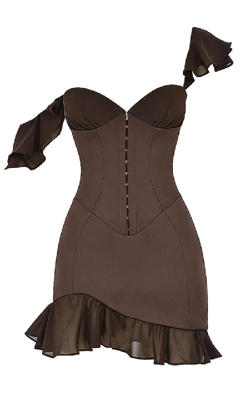 Flirty Side <span><br>Brown Sleeveless Ruffle Strap V Neck Hook and Eye Bustier Bodycon Mini Dress</span> Fashionable Mini Dress with Slits Flirty Side <span><br>Brown Sleeveless Ruffle Strap V Neck Hook and Eye Bustier Bodycon Mini Dress</span> Fashionable Mini Dress with Slits