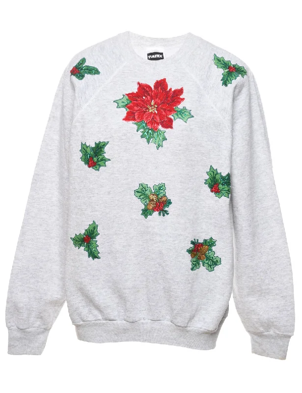 Floral Christmas Sweatshirt - L Hoodie with Strings Custom Fit Adjustable