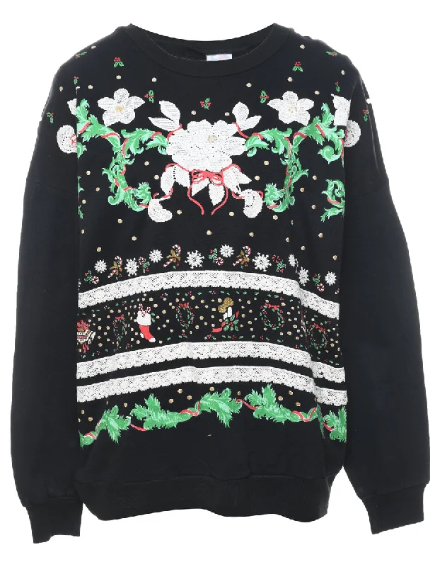 Floral Christmas Sweatshirt - L Hoodie with Thumb Holes Functional Cozy