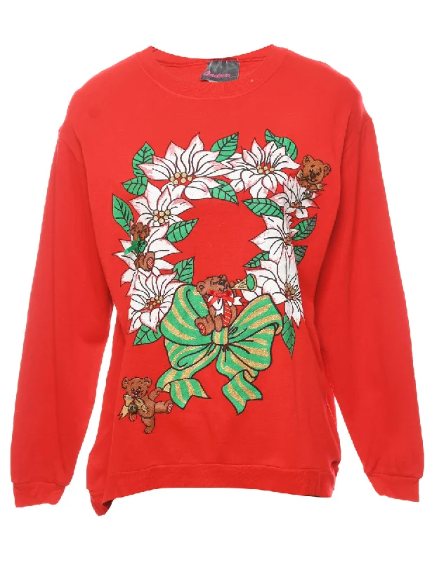 Floral Christmas Sweatshirt - M Hoodie with Typography Text Message