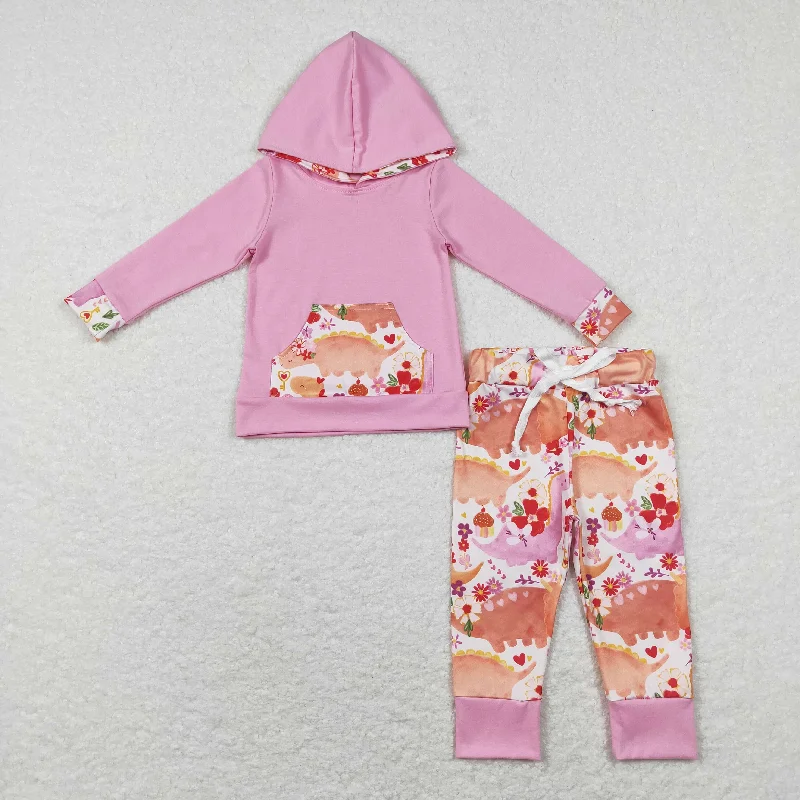 GLP0865 Baby Girl Pink Hoodie Shirt Dinosaurs Pants Valentine's Day Set Hoodie with Belted Waist Structured Tailored