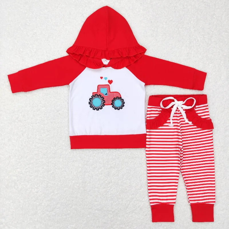 GLP0913 Baby Girl Valentine's Day Long Sleeves Embroidery Tractor Hoodie Tops Red Stripes Pocket Pants Set Hoodie with Ribbed Hem Stretchable Secure GLP0913 Baby Girl Valentine's Day Long Sleeves Embroidery Tractor Hoodie Tops Red Stripes Pocket Pants Set Hoodie with Ribbed Hem Stretchable Secure