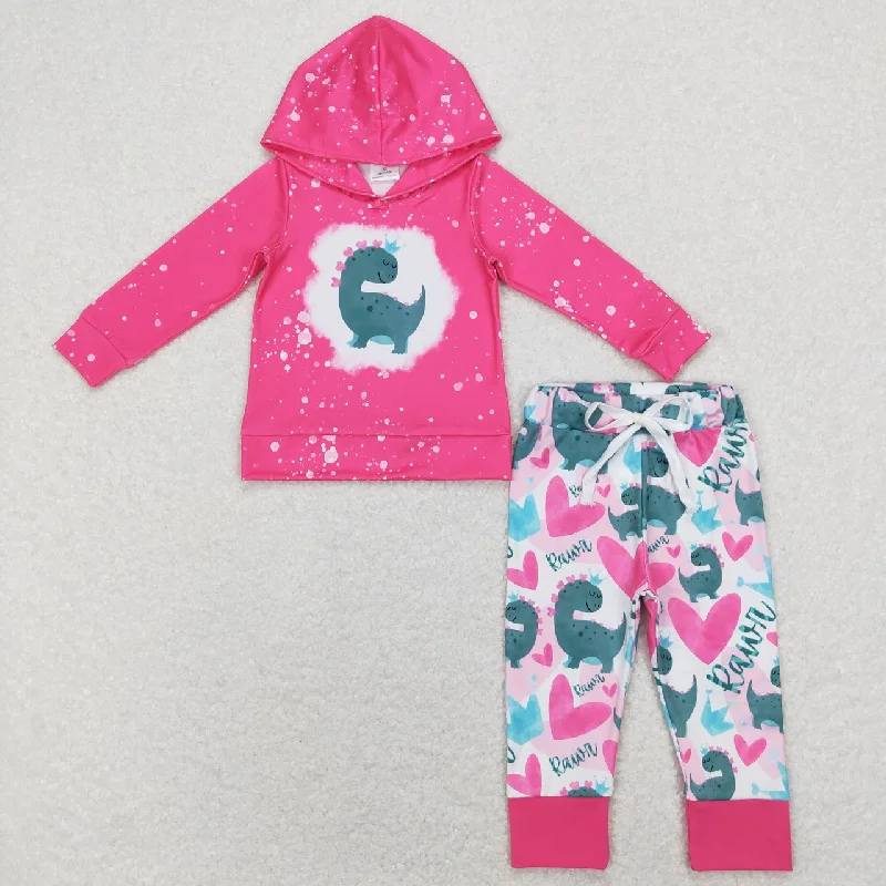 GLP1107 Valentine's Day Baby Girl Long Sleeves Hoodie Shirt Dinosaurs Pants Pink Set Hoodie with Lining Warm Insulated