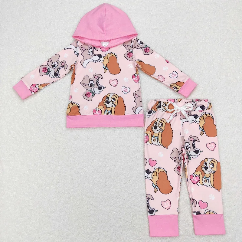 GLP1133 Baby Kids Long Sleeves Pink Hoodie Shirt Valentine's Hearts Dogs Pants Set Hoodie with Hem Fringe Bohemian Relaxed