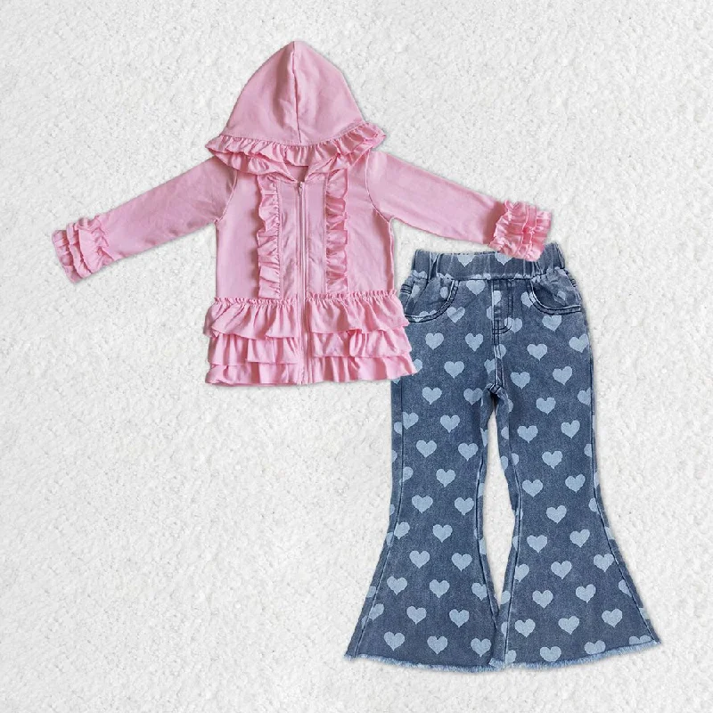 GLP1145 Baby Girl Pink Hoodie Cardigan Hearts Denim Pants Set Hoodie with Zipper Versatile Modern