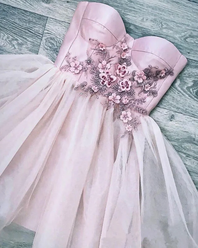 Pink Corset Mini Dress With 3D Flowers Elegant Lace Mini Dress