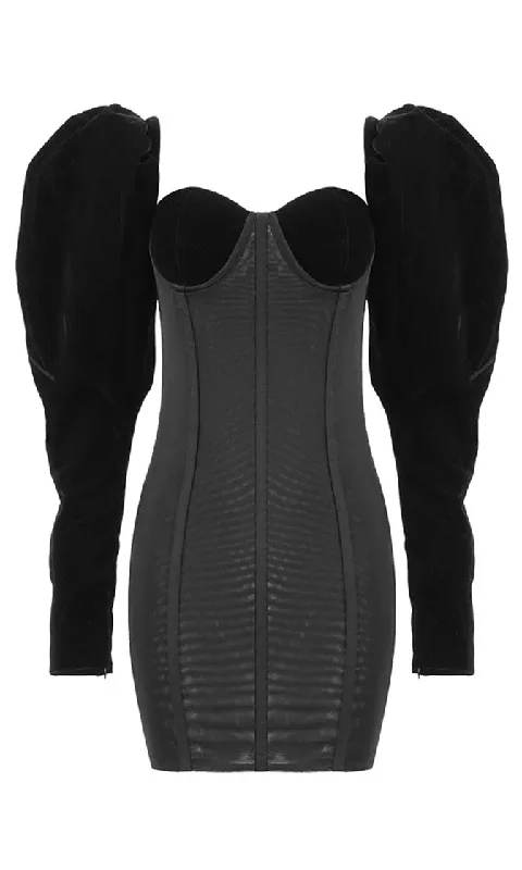 In A Puff <br><span>Black Velvet Trim Long Sleeve Puffed Shoulder Sweetheart Neck Bustier Bodycon Mini Dress</span> Cozy T-Shirt Mini Dress In A Puff <br><span>Black Velvet Trim Long Sleeve Puffed Shoulder Sweetheart Neck Bustier Bodycon Mini Dress</span> Cozy T-Shirt Mini Dress