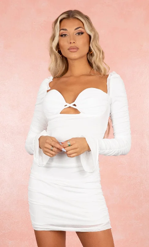 In The Name Of Love White Bustier Padded Cup Mesh Cut Out Sweetheart Neck Flared Long Sleeve Ruched Bodycon Mini Dress Comfortable Fit-and-Flare Mini Dress In The Name Of Love White Bustier Padded Cup Mesh Cut Out Sweetheart Neck Flared Long Sleeve Ruched Bodycon Mini Dress Comfortable Fit-and-Flare Mini Dress