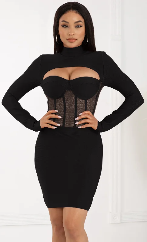 Intoxicating Love Black Bustier Sheer Mesh Lace Cut Out Long Sleeve Mock Neck Bandage Bodycon Mini Dress Comfortable Boho Mini Dress Intoxicating Love Black Bustier Sheer Mesh Lace Cut Out Long Sleeve Mock Neck Bandage Bodycon Mini Dress Comfortable Boho Mini Dress