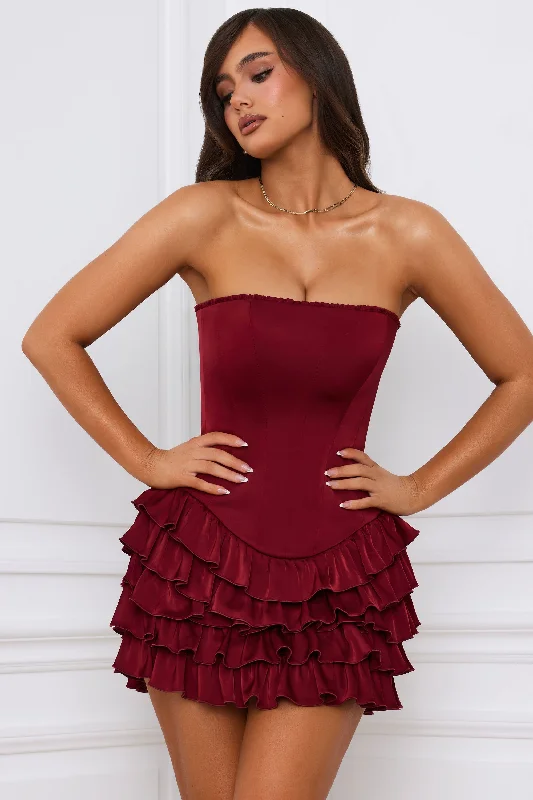 Bandeau Ruffled Tiered Corset Mini Dress in Berry Red Trendy Camisole Mini Dress