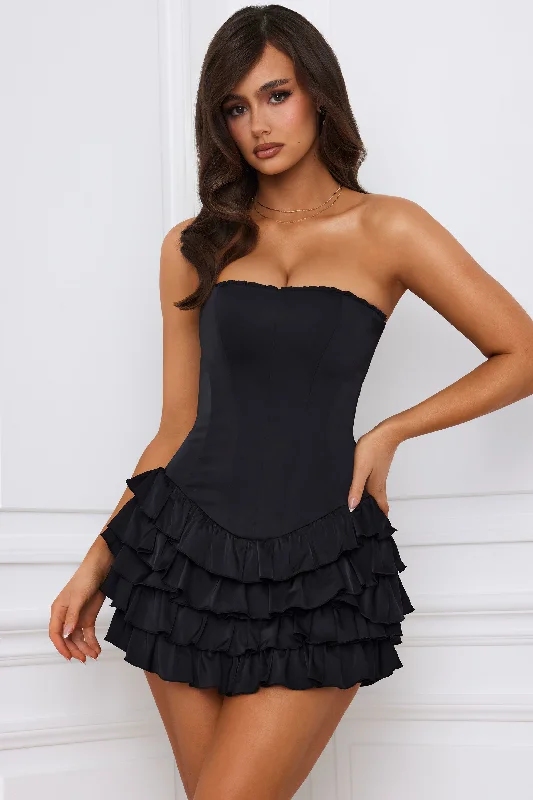 Bandeau Ruffled Tiered Corset Mini Dress in Black Elegant Tulle Mini Dress